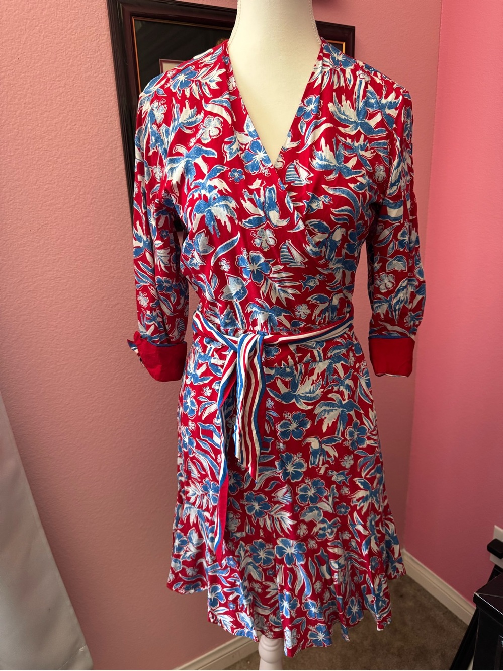 Tommy Hilfiger Red Floral Dress with Blue & White Accents